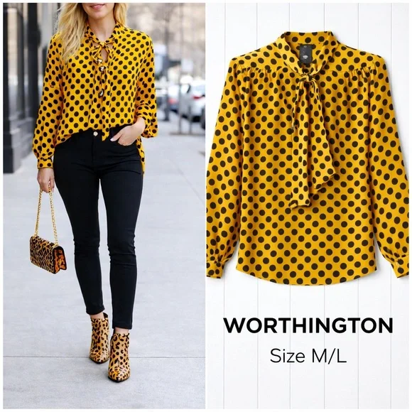 🤎 Worthington Yellow & Black Polka Dot Tie-Neck Blouse | NWT | Size M/L - Picture 1 of 9